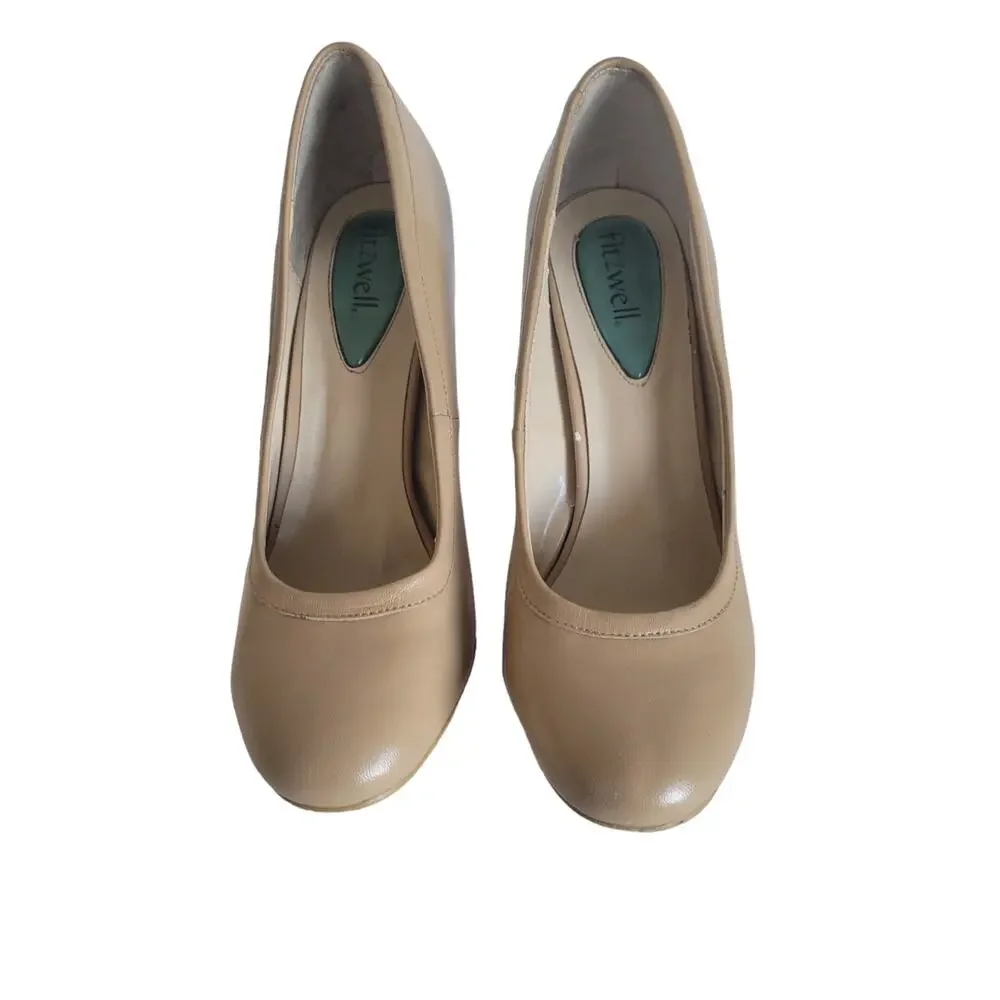 Fitzwell Women's Round Toe Tan Slip On Leather Elegant Pump Heels Size: 8